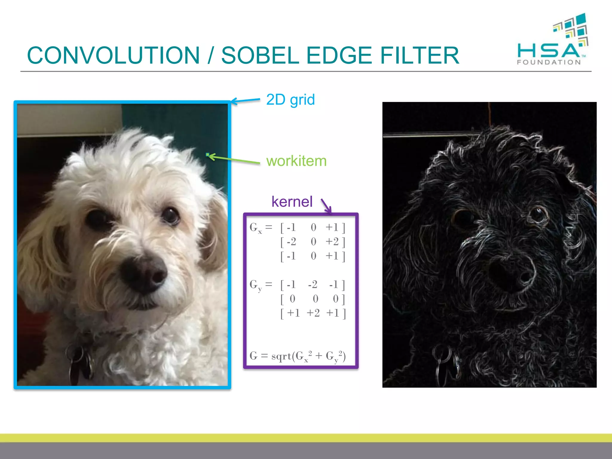 CONVOLUTION / SOBEL EDGE FILTER
2D grid

workitem
kernel
Gx = [ -1
[ -2
[ -1

0 +1 ]
0 +2 ]
0 +1 ]

Gy = [ -1 -2 -1 ]
[ 0 0 0]
[ +1 +2 +1 ]

G = sqrt(Gx2 + Gy2)

 