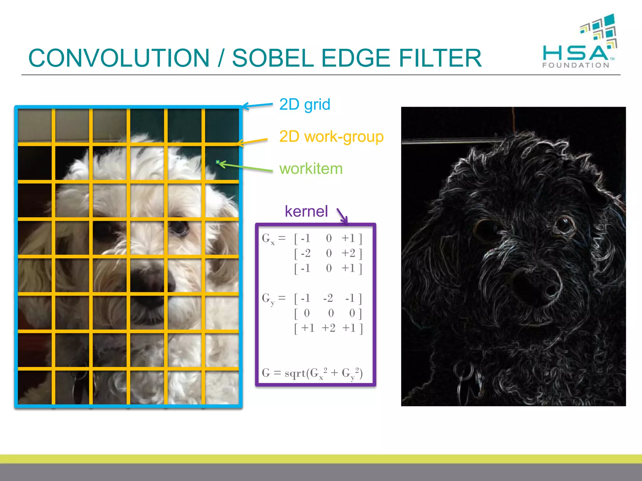 CONVOLUTION / SOBEL EDGE FILTER
2D grid

2D work-group
workitem
kernel
Gx = [ -1
[ -2
[ -1

0 +1 ]
0 +2 ]
0 +1 ]

Gy = [ -1 -2 -1 ]
[ 0 0 0]
[ +1 +2 +1 ]

G = sqrt(Gx2 + Gy2)

 