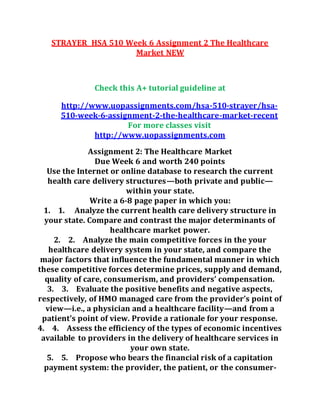STRAYER HSA 510 Week 6 Assignment 2 The Healthcare
Market NEW
Check this A+ tutorial guideline at
http://www.uopassignments.com/hsa-510-strayer/hsa-
510-week-6-assignment-2-the-healthcare-market-recent
For more classes visit
http://www.uopassignments.com
Assignment 2: The Healthcare Market
Due Week 6 and worth 240 points
Use the Internet or online database to research the current
health care delivery structures—both private and public—
within your state.
Write a 6-8 page paper in which you:
1. 1. Analyze the current health care delivery structure in
your state. Compare and contrast the major determinants of
healthcare market power.
2. 2. Analyze the main competitive forces in the your
healthcare delivery system in your state, and compare the
major factors that influence the fundamental manner in which
these competitive forces determine prices, supply and demand,
quality of care, consumerism, and providers’ compensation.
3. 3. Evaluate the positive benefits and negative aspects,
respectively, of HMO managed care from the provider’s point of
view—i.e., a physician and a healthcare facility—and from a
patient’s point of view. Provide a rationale for your response.
4. 4. Assess the efficiency of the types of economic incentives
available to providers in the delivery of healthcare services in
your own state.
5. 5. Propose who bears the financial risk of a capitation
payment system: the provider, the patient, or the consumer-
 
