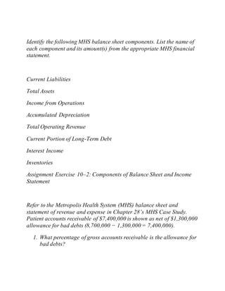 Identify the following MHS balance sheet components. List the name of
each component and its amount(s) from the appropriate MHS financial
statement.
Current Liabilities
Total Assets
Income from Operations
Accumulated Depreciation
Total Operating Revenue
Current Portion of Long-Term Debt
Interest Income
Inventories
Assignment Exercise 10–2: Components of Balance Sheet and Income
Statement
Refer to the Metropolis Health System (MHS) balance sheet and
statement of revenue and expense in Chapter 28’s MHS Case Study.
Patient accounts receivable of $7,400,000 is shown as net of $1,300,000
allowance for bad debts (8,700,000 − 1,300,000 = 7,400,000).
1. What percentage of gross accounts receivable is the allowance for
bad debts?
 