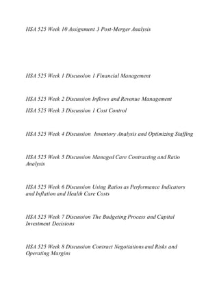 HSA 525 Week 10 Assignment 3 Post-Merger Analysis
HSA 525 Week 1 Discussion 1 Financial Management
HSA 525 Week 2 Discussion Inflows and Revenue Management
HSA 525 Week 3 Discussion 1 Cost Control
HSA 525 Week 4 Discussion Inventory Analysis and Optimizing Staffing
HSA 525 Week 5 Discussion Managed Care Contracting and Ratio
Analysis
HSA 525 Week 6 Discussion Using Ratios as Performance Indicators
and Inflation and Health Care Costs
HSA 525 Week 7 Discussion The Budgeting Process and Capital
Investment Decisions
HSA 525 Week 8 Discussion Contract Negotiations and Risks and
Operating Margins
 