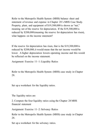 Refer to the Metropolis Health System (MHS) balance sheet and
statement of revenue and expense in Chapter 28’s MHS Case Study.
Property, plant, and equipment of $19,300,000 is shown as “net,”
meaning net of the reserve for depreciation. If the $19,300,000 is
reduced by $200,000 (meaning the reserve for depreciation has risen),
what happens on the income statement?
If the reserve for depreciation has risen, that is the $19,300,000 is
reduced by $200,000,it would mean that the net income would be
lower. A higher depreciation lowers operating income and this would
be reflected on the income statement.
Assignment Exercise 11–1: Liquidity Ratios
Refer to the Metropolis Health System (MHS) case study in Chapter
28.
Set up a worksheet for the liquidity ratios.
The liquidity ratios are
2. Compute the four liquidity ratios using the Chapter 28 MHS
financial statement
Assignment Exercise 11–2: Solvency Ratios
Refer to the Metropolis Health System (MHS) case study in Chapter
28.
Set up a worksheet for the solvency ratios.
 