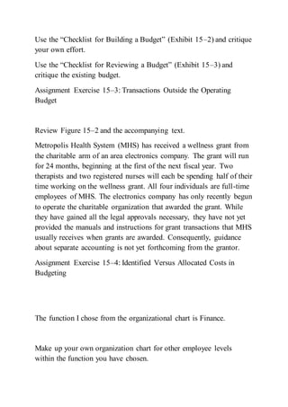 Use the “Checklist for Building a Budget” (Exhibit 15–2) and critique
your own effort.
Use the “Checklist for Reviewing a Budget” (Exhibit 15–3) and
critique the existing budget.
Assignment Exercise 15–3: Transactions Outside the Operating
Budget
Review Figure 15–2 and the accompanying text.
Metropolis Health System (MHS) has received a wellness grant from
the charitable arm of an area electronics company. The grant will run
for 24 months, beginning at the first of the next fiscal year. Two
therapists and two registered nurses will each be spending half of their
time working on the wellness grant. All four individuals are full-time
employees of MHS. The electronics company has only recently begun
to operate the charitable organization that awarded the grant. While
they have gained all the legal approvals necessary, they have not yet
provided the manuals and instructions for grant transactions that MHS
usually receives when grants are awarded. Consequently, guidance
about separate accounting is not yet forthcoming from the grantor.
Assignment Exercise 15–4: Identified Versus Allocated Costs in
Budgeting
The function I chose from the organizational chart is Finance.
Make up your own organization chart for other employee levels
within the function you have chosen.
 
