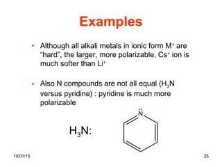 10/01/15 25
Examples
• Although all alkali metals in ionic form M+
are
“hard”, the larger, more polarizable, Cs+
ion is
much softer than Li+
• Also N compounds are not all equal (H3N
versus pyridine) : pyridine is much more
polarizable
H3N:
 
