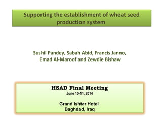 Sushil Pandey, Sabah Abid, Francis Janno,
Emad Al-Maroof and Zewdie Bishaw
HSAD Final Meeting
June 10-11, 2014
Grand Ishtar Hotel
Baghdad, Iraq
Supporting the establishment of wheat seed
production system
 