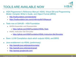 TOOLS ARE AVAILABLE NOW 
HSA Programmer’s Reference Manual: HSAIL Virtual ISA and Programming Model, Compiler Writer’s Guide, and Object Format (BRIG) 
http://hsafoundation.com/standards/ 
https://hsafoundation.box.com/s/m6mrsjv8b7r50kqeyyal 
Tools now at GitHUB–HSA Foundation 
libHSAAssembler and Disassembler 
https://github.com/HSAFoundation/HSAIL-Tools 
HSAIL Instruction Set Simulator 
https://github.com/HSAFoundation/HSAIL-Instruction-Set-Simulator 
Soon: LLVM Compilation stack which outputs HSAIL and BRIG 
Java enablement via HSAIL (preliminary) 
http://openjdk.java.net/projects/sumatra/ 
http://openjdk.java.net/projects/graal/ 
http://aparapi.googlecode.com/ 
© Copyright 2013 HSA Foundation. All Rights Reserved. 33 
