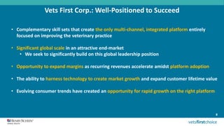 8
• Complementary skill sets that create the only multi-channel, integrated platform entirely
focused on improving the veterinary practice
• Significant global scale in an attractive end-market
• We seek to significantly build on this global leadership position
• Opportunity to expand margins as recurring revenues accelerate amidst platform adoption
• The ability to harness technology to create market growth and expand customer lifetime value
• Evolving consumer trends have created an opportunity for rapid growth on the right platform
Vets First Corp.: Well-Positioned to Succeed
 