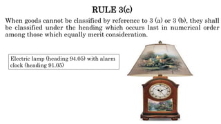 RULE 3(c)
When goods cannot be classified by reference to 3 (a) or 3 (b), they shall
be classified under the heading which occurs last in numerical order
among those which equally merit consideration.
Electric lamp (heading 94.05) with alarm
clock (heading 91.05)
 