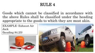 RULE 4
Goods which cannot be classified in accordance with
the above Rules shall be classified under the heading
appropriate to the goods to which they are most akin.
EXAMPLE: Exhaust Air
Jack
(heading 84.25)
 