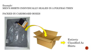 Example:
MEN’S SHIRTS INDIVIDUALLY SEALED IN A POLYBAG THEN
PACKED IN CARDBOARD BOXES
Entirety
Classified As
Shirts
 