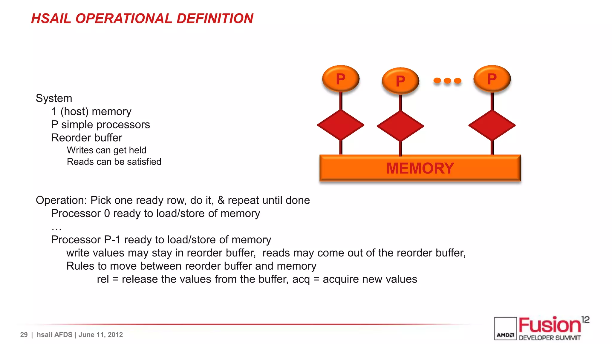 HSAIL OPERATIONAL DEFINITION



                                                                P           P                 P
    System
      1 (host) memory
      P simple processors
      Reorder buffer
              Writes can get held
              Reads can be satisfied
                                                                          MEMORY
    Operation: Pick one ready row, do it, & repeat until done
      Processor 0 ready to load/store of memory
      …
      Processor P-1 ready to load/store of memory
         write values may stay in reorder buffer, reads may come out of the reorder buffer,
         Rules to move between reorder buffer and memory
                rel = release the values from the buffer, acq = acquire new values



29 | hsail AFDS | June 11, 2012
 