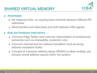 SHARED VIRTUAL MEMORY
 Advantages
 No mapping tricks, no copying back-and-forth between different PA
addresses
 Send pointers (not data) back and forth between HSA agents.
 Note the Hardware Implications …
 Common Page Tables (and common interpretation of architectural
semantics such as shareability, protection, etc).
 Common mechanisms for address translation (and servicing
address translation faults)
 Concept of a process address space (PASID) to allow multiple, per
process virtual address spaces within the system.
14 Slide Taken from Ian bratt HSA QUEUEING, HotChips 2013
 