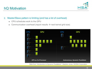 hQ Motivation
2. Master/Slave pattern is limiting (and has a lot of overhead)
 CPU schedules work to the GPU
 Communication overhead (report results  next kernel grid size)
18
Slide from “Introduction to Dynamic Parallelism”, Stephen Jones, NVIDIA Corporation
 