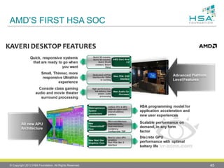 AMD’S FIRST HSA SOC
© Copyright 2012 HSA Foundation. All Rights Reserved. 45
 