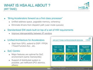 WHAT IS HSA ALL ABOUT ?
(MY TAKE)
 “Bring Accelerators forward as a first class processor”
 Unified address space, pageable memory, coherency
 Eliminate drivers from dispatch path (user mode queues)
 Standardized SW stack built on top of a set of HW requirements
 Improve interoperability between IP vendors
 Unified Architecture for Accelerators
 Start from GPU, extend to DSP / FPGA
/ Fixed-Function Acc , etc.
 SoC Centric
 Major features are optimal for SoC
environment (same memory/die)
 Support of distributed system is
possible, yet inefficient (PCI atomics,
others)
8Slide Taken from Phil Rogers HSA Overview, HotChips 2013
 