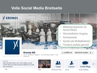 19
Volle Social Media Breitseite
• Mittelstandspionier für
Social Media
• Ganzheitlicher Angang
• Karriereseite
• Azubis als Multiplikatoren
• Timeline perfekt genutzt
 