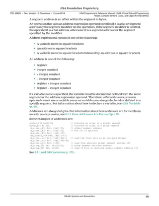A segment address is an offset within the segment in bytes.
An operation that uses an address expression operand specifies if it is a flat or segment
address by the segment modifier on the operation. If the segment modifier is omitted,
the operand it is a flat address, otherwise it is a segment address for the segment
specified by the modifier.
Address expressions consist of one of the following:
• A variable name in square brackets
• An address in square brackets
• A variable name in square brackets followed by an address in square brackets
An address is one of the following:
• register
• integer constant
• + integer constant
• − integer constant
• register + integer constant
• register − integer constant
If a variable name is specified, the variable must be declared or defined with the same
segment as the address expression operand. Therefore, a flat address expression
operand cannot use a variable name as variables are always declared or defined in a
specific segment. For information about how to declare a variable, see 4.3.8 Variable
(p. 49).
Addresses are always in bytes. For information about how addresses are formed from
an address expression, see 6.1.1 How Addresses Are Formed (p. 157).
Some examples of addresses are:
global_f32 %g1[10]; // allocate an array in a global segment
group_f32 %x[10]; // allocate an array in a group segment
ld_global_f32 $s2, [%g1][2]; // global segment address
ld_global_f32 $s1, [%g1][0]; // the [0] is optional
ld_global_f32 $s2, [%g1][+4];
lda_global_u64 $d0, [%g1][-4];
ld_global_u32 $s3, [%g1][$s2]; // read the float bits as an unsigned integer
ld_global_u32 $s4, [%g1][$s2+4];
ld_global_u32 $s5, [100]; // read from absolute global segment address 100
ld_group_f32 $s3, [%x][$s2]; // group segment-relative address
ld_group_f16 $s5, [100]; // read 16 bits at absolute global segment address 100
See 6.3 Load (ld) Operation (p. 171).
  HSA Foundation Proprietary
PID: 49828 ∙ Rev: Version 1.0 Provisional ∙ 5 June 2014 HSA Programmer’s Reference Manual: HSAIL Virtual ISA and Programming
Model, Compiler Writer’s Guide, and Object Format (BRIG)
  HSAIL Syntax and Semantics 89
 