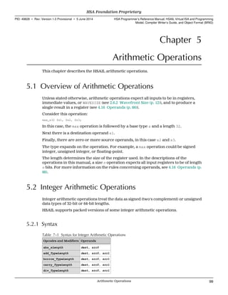 Chapter 5
Arithmetic Operations
This chapter describes the HSAIL arithmetic operations.
5.1 Overview of Arithmetic Operations
Unless stated otherwise, arithmetic operations expect all inputs to be in registers,
immediate values, or WAVESIZE (see 2.6.2 Wavefront Size (p. 12)), and to produce a
single result in a register (see 4.16 Operands (p. 86)).
Consider this operation:
max_s32 $s1, $s2, $s3;
In this case, the max operation is followed by a base type s and a length 32.
Next there is a destination operand s1.
Finally, there are zero or more source operands, in this case s2 and s3.
The type expands on the operation. For example, a max operation could be signed
integer, unsigned integer, or floating-point.
The length determines the size of the register used. In the descriptions of the
operations in this manual, a size n operation expects all input registers to be of length
n bits. For more information on the rules concerning operands, see 4.16 Operands (p.
86).
5.2 Integer Arithmetic Operations
Integer arithmetic operations treat the data as signed (two's complement) or unsigned
data types of 32-bit or 64-bit lengths.
HSAIL supports packed versions of some integer arithmetic operations.
5.2.1 Syntax
Table 7–1 Syntax for Integer Arithmetic Operations
Opcodes and Modifiers Operands
abs_sLength dest, src0
add_TypeLength dest, src0, src1
borrow_TypeLength dest, src0, src1
carry_TypeLength dest, src0, src1
div_TypeLength dest, src0, src1
  HSA Foundation Proprietary
PID: 49828 ∙ Rev: Version 1.0 Provisional ∙ 5 June 2014 HSA Programmer’s Reference Manual: HSAIL Virtual ISA and Programming
Model, Compiler Writer’s Guide, and Object Format (BRIG)
  Arithmetic Operations 99
 