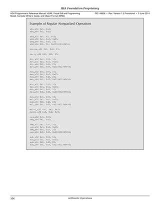 Examples of Regular (Nonpacked) Operations
abs_s32 $s1, $s2;
abs_s64 $d1, $d2;
add_s32 $s1, 42, $s2;
add_u32 $s1, $s2, 0x23;
add_s64 $d1, $d2, 23;
add_u64 $d1, 61, 0x233412349456;
borrow_s64 $d1, $d2, 23;
carry_s64 $d1, $d2, 23;
div_s32 $s1, 100, 10;
div_u32 $s1, $s2, 0x23;
div_s64 $d1, $d2, 23;
div_u64 $d1, $d3, 0x233412349456;
max_s32 $s1, 100, 10;
max_u32 $s1, $s2, 0x23;
max_s64 $d1, $d2, 23;
max_u64 $d1, $d3, 0x233412349456;
min_s32 $s1, 100, 10;
min_u32 $s1, $s2, 0x23;
min_s64 $d1, $d2, 23;
min_u64 $d1, $d3, 0x233412349456;
mul_s32 $s1, 100, 10;
mul_u32 $s1, $s2, 0x23;
mul_s64 $d1, $d2, 23;
mul_u64 $d1, $d3, 0x233412349456;
mulhi_s32 $s1, $s3, $s3;
mulhi_u32 $s1, $s2, $s9;
neg_s32 $s1, 100;
neg_s64 $d1, $d2;
rem_s32 $s1, 100, 10;
rem_u32 $s1, $s2, 0x23;
rem_s64 $d1, $d2, 23;
rem_u64 $d1, $d3, 0x233412349456;
sub_s32 $s1, 100, 10;
sub_u32 $s1, $s2, 0x23;
sub_s64 $d1, $d2, 23;
sub_u64 $d1, $d3, 0x233412349456;
HSA Foundation Proprietary  
HSA Programmer’s Reference Manual: HSAIL Virtual ISA and Programming
Model, Compiler Writer’s Guide, and Object Format (BRIG)
PID: 49828 ∙ Rev: Version 1.0 Provisional ∙ 5 June 2014
104 Arithmetic Operations  
 