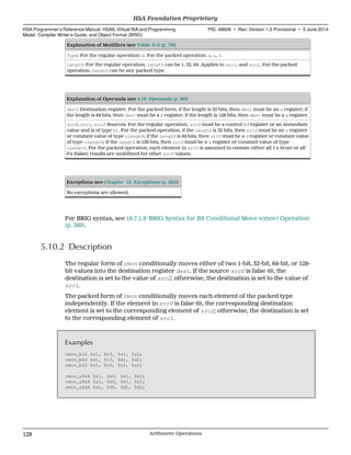 Explanation of Modifiers (see Table 6–2 (p. 79))
Type: For the regular operation: b. For the packed operation: s, u, f.
Length: For the regular operation, Length can be 1, 32, 64. Applies to src1, and src2. For the packed
operation, Length can be any packed type.
Explanation of Operands (see 4.16 Operands (p. 86))
dest: Destination register. For the packed form, if the length is 32 bits, then dest must be an s register; if
the length is 64 bits, then dest must be a d register; if the length is 128 bits, then dest must be a q register.
src0, src1, src2: Sources. For the regular operation, src0 must be a control (c) register or an immediate
value and is of type b1. For the packed operation, if the Length is 32 bits, then src0 must be an s register
or constant value of type uLength; if the Length is 64 bits, then src0 must be a d register or constant value
of type uLength; if the Length is 128 bits, then src0 must be a q register or constant value of type
uLength. For the packed operation, each element in src0 is assumed to contain either all 1's (true) or all
0's (false); results are undefined for other src0 values.
Exceptions (see Chapter 12 Exceptions (p. 285))
No exceptions are allowed.
For BRIG syntax, see 18.7.1.9 BRIG Syntax for Bit Conditional Move (cmov) Operation
(p. 369).
5.10.2 Description
The regular form of cmov conditionally moves either of two 1-bit, 32-bit, 64-bit, or 128-
bit values into the destination register dest. If the source src0 is false (0), the
destination is set to the value of src2; otherwise, the destination is set to the value of
src1.
The packed form of cmov conditionally moves each element of the packed type
independently. If the element in src0 is false (0), the corresponding destination
element is set to the corresponding element of src2; otherwise, the destination is set
to the corresponding element of src1.
Examples
cmov_b32 $s1, $c3, $s1, $s2;
cmov_b64 $d1, $c3, $d1, $d2;
cmov_b32 $s1, $c0, $s1, $s2;
cmov_u8x4 $s1, $s0, $s1, $s2;
cmov_s8x4 $s1, $s0, $s1, $s2;
cmov_s8x8 $d1, $d0, $d1, $d2;
HSA Foundation Proprietary  
HSA Programmer’s Reference Manual: HSAIL Virtual ISA and Programming
Model, Compiler Writer’s Guide, and Object Format (BRIG)
PID: 49828 ∙ Rev: Version 1.0 Provisional ∙ 5 June 2014
128 Arithmetic Operations  
 