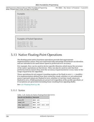 Examples
abs_f32 $s1,$s2;
abs_f64 $d1,$d2;
class_b1_f32 $c1, $s1, 3;
class_b1_f32 $c1, $s1, $s2;
class_b1_f64 $c1, $d1, $s2;
class_b1_f64 $c1, $d1, 3;
copysign_f32 $s3,$s2,$s1;
copysign_f64 $d3,$d2,$d1;
neg_f32 $s3,1.0f;
neg_f64 $d3,1.0;
Examples of Packed Operations
abs_p_f16x2 $s1, $s2;
abs_p_f32x2 $d1, $d1;
neg_p_f16x2 $s1, $s2;
add_pp_f16x2 $s1, $s0, $s3;
5.13 Native Floating-Point Operations
The floating-point native functions operations provide fast approximate
implementation values. They are expected to take advantage of hardware acceleration
and are intended to be used where speed is preferred over accuracy.
For example, they can be used in device-specific libraries which know the accuracy
of the native operations on that device. They can also be used in code that first
performs tests to ensure they meet the accuracy requirements for every value in the
range required by the algorithm.
These operations do not support rounding modes or the flush to zero (ftz) modifier.
It is implementation-defined how they round the result, whether or not subnormal
source operand values are flushed to zero, whether or not tiny result values are
flushed to zero, if NaN payloads are preserved (regardless of the profile specified), or
if exceptions are generated (including those resulting from signaling NaNs).
See 4.19 Floating Point (p. 90).
5.13.1 Syntax
Table 7–20 Syntax for Native Floating-Point Operations
Opcode and Modifiers Operands
ncos_f32 dest, src
nexp2_f32 dest, src
nfma_TypeLength dest, src0, src1, src2
nlog2_f32 dest, src
HSA Foundation Proprietary  
HSA Programmer’s Reference Manual: HSAIL Virtual ISA and Programming
Model, Compiler Writer’s Guide, and Object Format (BRIG)
PID: 49828 ∙ Rev: Version 1.0 Provisional ∙ 5 June 2014
136 Arithmetic Operations  
 