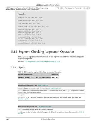 Examples
bitalign_b32 $s5, $s0, $s1, $s2;
bytealign_b32 $s5, $s0, $s1, $s2;
lerp_u8x4 $s5, $s0, $s1, $s2;
packcvt_u8x4_f32 $s1, $s2, $s3, $s9, $s3;
unpackcvt_f32_u8x4 $s5, $s0, 0;
unpackcvt_f32_u8x4 $s5, $s0, 1;
unpackcvt_f32_u8x4 $s5, $s0, 2;
unpackcvt_f32_u8x4 $s5, $s0, 3;
sad_u32_u32 $s5, $s0, $s1, $s6;
sad_u32_u16x2 $s5, $s0, $s1, $s6;
sad_u32_u8x4 $s5, $s0, $s1, $s6;
sadhi_u16x2_u8x4 $s5, $s0, $s1, $s6;
5.15 Segment Checking (segmentp) Operation
The segmentp operation tests whether or not a given flat address is within a specific
memory segment.
See also 5.16 Segment Conversion Operations (p. 143).
5.15.1 Syntax
Table 7–22 Syntax for Segment Checking (segmentp) Operation
Opcode and Modifiers Operands
segmentp_segment_nonull_b1_srcTypesrcLength dest, src
Explanation of Modifiers (see Table 6–2 (p. 79))
segment: Can be global, group or private. See 2.8 Segments (p. 13).
nonull: Optional. If present, indicates that the src operand will not be the nullptr address value for the
segment. See the Description below.
srcType: u.
srcLength: 32, 64. The size of the source address. Must match the address size of flat addresses. See
Table 4–3 (p. 25).
Explanation of Operands (see 4.16 Operands (p. 86))
dest: Destination register. Must be a control (c) register.
src: Source for the flat address that is being checked. Can be a register or immediate value. See Table 4–
3 (p. 25).
HSA Foundation Proprietary  
HSA Programmer’s Reference Manual: HSAIL Virtual ISA and Programming
Model, Compiler Writer’s Guide, and Object Format (BRIG)
PID: 49828 ∙ Rev: Version 1.0 Provisional ∙ 5 June 2014
142 Arithmetic Operations  
 