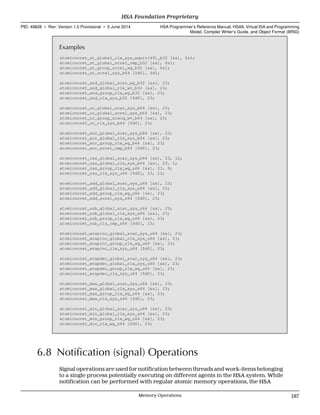 Examples
atomicnoret_st_global_rlx_sys_equiv(49)_b32 [&x], $s1;
atomicnoret_st_global_screl_cmp_b32 [&x], $s1;
atomicnoret_st_group_screl_wg_b32 [&x], $s1;
atomicnoret_st_screl_sys_b64 [$d0], $d1;
atomicnoret_and_global_scar_wg_b32 [&x], 23;
atomicnoret_and_global_rlx_wv_b32 [&x], 23;
atomicnoret_and_group_rlx_wg_b32 [&x], 23;
atomicnoret_and_rlx_sys_b32 [$d0], 23;
atomicnoret_or_global_scar_sys_b64 [&x], 23;
atomicnoret_or_global_screl_sys_b64 [&x], 23;
atomicnoret_or_group_scacq_wv_b64 [&x], 23;
atomicnoret_or_rlx_sys_b64 [$d0], 23;
atomicnoret_xor_global_scar_sys_b64 [&x], 23;
atomicnoret_xor_global_rlx_sys_b64 [&x], 23;
atomicnoret_xor_group_rlx_wg_b64 [&x], 23;
atomicnoret_xor_screl_cmp_b64 [$d0], 23;
atomicnoret_cas_global_scar_sys_b64 [&x], 23, 12;
atomicnoret_cas_global_rlx_sys_b64 [&x], 23, 1;
atomicnoret_cas_group_rlx_wg_u64 [&x], 23, 9;
atomicnoret_cas_rlx_sys_u64 [$d0], 23, 12;
atomicnoret_add_global_scar_sys_u64 [&x], 23;
atomicnoret_add_global_rlx_sys_s64 [&x], 23;
atomicnoret_add_group_rlx_wg_u64 [&x], 23;
atomicnoret_add_screl_sys_s64 [$d0], 23;
atomicnoret_sub_global_scar_sys_u64 [&x], 23;
atomicnoret_sub_global_rlx_sys_s64 [&x], 23;
atomicnoret_sub_group_rlx_wg_u64 [&x], 23;
atomicnoret_sub_rlx_cmp_s64 [$d0], 23;
atomicnoret_wrapinc_global_scar_sys_u64 [&x], 23;
atomicnoret_wrapinc_global_rlx_sys_u64 [&x], 23;
atomicnoret_wrapinc_group_rlx_wg_u64 [&x], 23;
atomicnoret_wrapinc_rlx_sys_u64 [$d0], 23;
atomicnoret_wrapdec_global_scar_sys_u64 [&x], 23;
atomicnoret_wrapdec_global_rlx_sys_u64 [&x], 23;
atomicnoret_wrapdec_group_rlx_wg_u64 [&x], 23;
atomicnoret_wrapdec_rlx_sys_u64 [$d0], 23;
atomicnoret_max_global_scar_sys_u64 [&x], 23;
atomicnoret_max_global_rlx_sys_s64 [&x], 23;
atomicnoret_max_group_rlx_wg_u64 [&x], 23;
atomicnoret_max_rlx_sys_s64 [$d0], 23;
atomicnoret_min_global_scar_sys_u64 [&x], 23;
atomicnoret_min_global_rlx_sys_s64 [&x], 23;
atomicnoret_min_group_rlx_wg_u64 [&x], 23;
atomicnoret_min_rlx_wg_s64 [$d0], 23;
6.8 Notification (signal) Operations
Signal operations are used for notification between threads and work-items belonging
to a single process potentially executing on different agents in the HSA system. While
notification can be performed with regular atomic memory operations, the HSA
  HSA Foundation Proprietary
PID: 49828 ∙ Rev: Version 1.0 Provisional ∙ 5 June 2014 HSA Programmer’s Reference Manual: HSAIL Virtual ISA and Programming
Model, Compiler Writer’s Guide, and Object Format (BRIG)
  Memory Operations 187
 