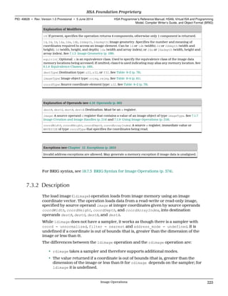 Explanation of Modifiers
v4: If present, specifies the operation returns 4 components, otherwise only 1 component is returned.
1d, 2d, 3d, 1da, 2da, 1db, 2ddepth, 2dadepth: Image geometry. Specifies the number and meaning of
coordinates required to access an image element. Can be 1d or 1db (width); 2d or 2ddepth (width and
height); 3d (width, height, and depth); 1da (width and array index); or 2da or 2dadepth (width, height and
array index). See 7.1.3 Image Geometry (p. 199).
equiv(n): Optional: n is an equivalence class. Used to specify the equivalence class of the image data
memory locations being accessed. If omitted, class 0 is used indicating may alias any memory location. See
6.1.4 Equivalence Classes (p. 160).
destType: Destination type: u32, s32, or f32. See Table 6–2 (p. 79).
imageType: Image object type: roimg, rwimg. See Table 6–4 (p. 81).
coordType: Source coordinate element type: u32. See Table 6–2 (p. 79).
Explanation of Operands (see 4.16 Operands (p. 86))
destR, destG, destB, destA: Destination. Must be an s register.
image: A source operand d register that contains a value of an image object of type imageType. See 7.1.7
Image Creation and Image Handles (p. 214) and 7.1.9 Using Image Operations (p. 218).
coordWidth, coordHeight, coordDepth, coordArrayIndex: A source s register, immediate value or
WAVESIZE of type coordType that specifies the coordinates being read.
Exceptions (see Chapter 12 Exceptions (p. 285))
Invalid address exceptions are allowed. May generate a memory exception if image data is unaligned.
For BRIG syntax, see 18.7.3 BRIG Syntax for Image Operations (p. 374).
7.3.2 Description
The load image (ldimage) operation loads from image memory using an image
coordinate vector. The operation loads data from a read-write or read-only image,
specified by source operand image at integer coordinates given by source operands
coordWidth, coordHeight, coordDepth, and coordArrayIndex, into destination
operands destR, destG, destB, and destA.
While ldimage does not have a sampler, it works as though there is a sampler with
coord = unnormalized, filter = nearest and address_mode = undefined. It is
undefined if a coordinate is out of bounds (that is, greater than the dimension of the
image or less than 0).
The differences between the ldimage operation and the rdimage operation are:
• rdimage takes a sampler and therefore supports additional modes.
• The value returned if a coordinate is out of bounds (that is, greater than the
dimension of the image or less than 0) for rdimage depends on the sampler; for
ldimage it is undefined.
  HSA Foundation Proprietary
PID: 49828 ∙ Rev: Version 1.0 Provisional ∙ 5 June 2014 HSA Programmer’s Reference Manual: HSAIL Virtual ISA and Programming
Model, Compiler Writer’s Guide, and Object Format (BRIG)
  Image Operations 225
 