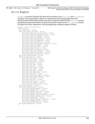 18.3.14 BrigKind
BrigKind is used to indicate the kind of the entries in the hsa_code and hsa_operand
sections. The enumeration values are divided into three groupings: those for
directives and instructions which can only be used for entries in the hsa_code section;
and those for operands which can only be used for entries in the hsa_operand section.
To allow for future expansion, each grouping has a distinct range of values.
typedef uint16_t BrigKinds16_t;
enum BrigKind {
BRIG_KIND_NONE = 0x0000,
BRIG_KIND_DIRECTIVE_BEGIN = 0x1000,
BRIG_KIND_DIRECTIVE_ARG_BLOCK_END = 0x1000,
BRIG_KIND_DIRECTIVE_ARG_BLOCK_START = 0x1001,
BRIG_KIND_DIRECTIVE_COMMENT = 0x1002,
BRIG_KIND_DIRECTIVE_CONTROL = 0x1003,
BRIG_KIND_DIRECTIVE_EXTENSION = 0x1004,
BRIG_KIND_DIRECTIVE_FBARRIER = 0x1005,
BRIG_KIND_DIRECTIVE_FUNCTION = 0x1006,
BRIG_KIND_DIRECTIVE_INDIRECT_FUNCTION = 0x1007,
BRIG_KIND_DIRECTIVE_KERNEL = 0x1008,
BRIG_KIND_DIRECTIVE_LABEL = 0x1009,
BRIG_KIND_DIRECTIVE_LOC = 0x100a,
BRIG_KIND_DIRECTIVE_PRAGMA = 0x100b,
BRIG_KIND_DIRECTIVE_SIGNATURE = 0x100c,
BRIG_KIND_DIRECTIVE_VARIABLE = 0x100d,
BRIG_KIND_DIRECTIVE_VERSION = 0x100e,
BRIG_KIND_DIRECTIVE_END = 0x100f,
BRIG_KIND_INST_BEGIN = 0x2000,
BRIG_KIND_INST_ADDR = 0x2000,
BRIG_KIND_INST_ATOMIC = 0x2001,
BRIG_KIND_INST_BASIC = 0x2002,
BRIG_KIND_INST_BR = 0x2003,
BRIG_KIND_INST_CMP = 0x2004,
BRIG_KIND_INST_CVT = 0x2005,
BRIG_KIND_INST_IMAGE = 0x2006,
BRIG_KIND_INST_LANE = 0x2007,
BRIG_KIND_INST_MEM = 0x2008,
BRIG_KIND_INST_MEM_FENCE = 0x2009,
BRIG_KIND_INST_MOD = 0x200a,
BRIG_KIND_INST_QUERY_IMAGE = 0x200b,
BRIG_KIND_INST_QUERY_SAMPLER = 0x200c,
BRIG_KIND_INST_QUEUE = 0x200d,
BRIG_KIND_INST_SEG = 0x200e,
BRIG_KIND_INST_SEG_CVT = 0x200f,
BRIG_KIND_INST_SIGNAL = 0x2010,
BRIG_KIND_INST_SOURCE_TYPE = 0x2011,
BRIG_KIND_INST_END = 0x2012,
BRIG_KIND_OPERAND_BEGIN = 0x3000,
BRIG_KIND_OPERAND_ADDRESS = 0x3000,
BRIG_KIND_OPERAND_DATA = 0x3001,
BRIG_KIND_OPERAND_CODE_LIST = 0x3002,
BRIG_KIND_OPERAND_CODE_REF = 0x3003,
BRIG_KIND_OPERAND_IMAGE_PROPERTIES = 0x3004,
BRIG_KIND_OPERAND_OPERAND_LIST = 0x3005,
BRIG_KIND_OPERAND_REG = 0x3006,
BRIG_KIND_OPERAND_SAMPLER_PROPERTIES = 0x3007,
BRIG_KIND_OPERAND_STRING = 0x3008,
BRIG_KIND_OPERAND_WAVESIZE = 0x3009,
BRIG_KIND_OPERAND_END = 0x300a
};
  HSA Foundation Proprietary
PID: 49828 ∙ Rev: Version 1.0 Provisional ∙ 5 June 2014 HSA Programmer’s Reference Manual: HSAIL Virtual ISA and Programming
Model, Compiler Writer’s Guide, and Object Format (BRIG)
  BRIG: HSAIL Binary Format 325
 