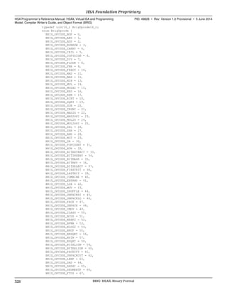 typedef uint16_t BrigOpcode16_t;
enum BrigOpcode {
BRIG_OPCODE_NOP = 0,
BRIG_OPCODE_ABS = 1,
BRIG_OPCODE_ADD = 2,
BRIG_OPCODE_BORROW = 3,
BRIG_OPCODE_CARRY = 4,
BRIG_OPCODE_CEIL = 5,
BRIG_OPCODE_COPYSIGN = 6,
BRIG_OPCODE_DIV = 7,
BRIG_OPCODE_FLOOR = 8,
BRIG_OPCODE_FMA = 9,
BRIG_OPCODE_FRACT = 10,
BRIG_OPCODE_MAD = 11,
BRIG_OPCODE_MAX = 12,
BRIG_OPCODE_MIN = 13,
BRIG_OPCODE_MUL = 14,
BRIG_OPCODE_MULHI = 15,
BRIG_OPCODE_NEG = 16,
BRIG_OPCODE_REM = 17,
BRIG_OPCODE_RINT = 18,
BRIG_OPCODE_SQRT = 19,
BRIG_OPCODE_SUB = 20,
BRIG_OPCODE_TRUNC = 21,
BRIG_OPCODE_MAD24 = 22,
BRIG_OPCODE_MAD24HI = 23,
BRIG_OPCODE_MUL24 = 24,
BRIG_OPCODE_MUL24HI = 25,
BRIG_OPCODE_SHL = 26,
BRIG_OPCODE_SHR = 27,
BRIG_OPCODE_AND = 28,
BRIG_OPCODE_NOT = 29,
BRIG_OPCODE_OR = 30,
BRIG_OPCODE_POPCOUNT = 31,
BRIG_OPCODE_XOR = 32,
BRIG_OPCODE_BITEXTRACT = 33,
BRIG_OPCODE_BITINSERT = 34,
BRIG_OPCODE_BITMASK = 35,
BRIG_OPCODE_BITREV = 36,
BRIG_OPCODE_BITSELECT = 37,
BRIG_OPCODE_FIRSTBIT = 38,
BRIG_OPCODE_LASTBIT = 39,
BRIG_OPCODE_COMBINE = 40,
BRIG_OPCODE_EXPAND = 41,
BRIG_OPCODE_LDA = 42,
BRIG_OPCODE_MOV = 43,
BRIG_OPCODE_SHUFFLE = 44,
BRIG_OPCODE_UNPACKHI = 45,
BRIG_OPCODE_UNPACKLO = 46,
BRIG_OPCODE_PACK = 47,
BRIG_OPCODE_UNPACK = 48,
BRIG_OPCODE_CMOV = 49,
BRIG_OPCODE_CLASS = 50,
BRIG_OPCODE_NCOS = 51,
BRIG_OPCODE_NEXP2 = 52,
BRIG_OPCODE_NFMA = 53,
BRIG_OPCODE_NLOG2 = 54,
BRIG_OPCODE_NRCP = 55,
BRIG_OPCODE_NRSQRT = 56,
BRIG_OPCODE_NSIN = 57,
BRIG_OPCODE_NSQRT = 58,
BRIG_OPCODE_BITALIGN = 59,
BRIG_OPCODE_BYTEALIGN = 60,
BRIG_OPCODE_PACKCVT = 61,
BRIG_OPCODE_UNPACKCVT = 62,
BRIG_OPCODE_LERP = 63,
BRIG_OPCODE_SAD = 64,
BRIG_OPCODE_SADHI = 65,
BRIG_OPCODE_SEGMENTP = 66,
BRIG_OPCODE_FTOS = 67,
HSA Foundation Proprietary  
HSA Programmer’s Reference Manual: HSAIL Virtual ISA and Programming
Model, Compiler Writer’s Guide, and Object Format (BRIG)
PID: 49828 ∙ Rev: Version 1.0 Provisional ∙ 5 June 2014
328 BRIG: HSAIL Binary Format  
 