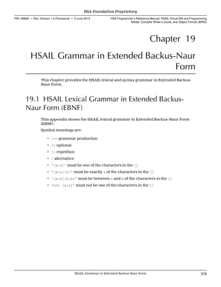 Chapter 19
HSAIL Grammar in Extended Backus-Naur
Form
This chapter provides the HSAIL lexical and syntax grammar in Extended Backus-
Naur Form.
19.1 HSAIL Lexical Grammar in Extended Backus-
Naur Form (EBNF)
This appendix shows the HSAIL lexical grammar in Extended Backus–Naur Form
(EBNF).
Symbol meanings are:
• :== grammar production
• [] optional
• {} repetition
• | alternative
• '[a-z]' must be one of the characters in the []
• '[a-z]{n}' must be exactly n of the characters in the []
• '[a-z]{n,m}' must be between n and m of the characters in the []
• 'not [a-z]' must not be one of the characters in the []
  HSA Foundation Proprietary
PID: 49828 ∙ Rev: Version 1.0 Provisional ∙ 5 June 2014 HSA Programmer’s Reference Manual: HSAIL Virtual ISA and Programming
Model, Compiler Writer’s Guide, and Object Format (BRIG)
  HSAIL Grammar in Extended Backus-Naur Form 379
 