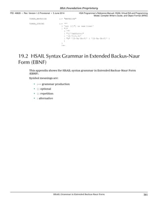 TOKEN_WAVESIZE ::= "WAVESIZE"
TOKEN_STRING ::= '"'
{ 'not (["] or new-line)'
| ""
( '"'
| "['?abfnrtv]"
| '[0-7]{1,3}'
| "x" '[0-9a-fA-F]' { '[0-9a-fA-F]' }
)
}
'"'
19.2 HSAIL Syntax Grammar in Extended Backus-Naur
Form (EBNF)
This appendix shows the HSAIL syntax grammar in Extended Backus–Naur Form
(EBNF).
Symbol meanings are:
• :== grammar production
• [] optional
• {} repetition
• | alternative
  HSA Foundation Proprietary
PID: 49828 ∙ Rev: Version 1.0 Provisional ∙ 5 June 2014 HSA Programmer’s Reference Manual: HSAIL Virtual ISA and Programming
Model, Compiler Writer’s Guide, and Object Format (BRIG)
  HSAIL Grammar in Extended Backus-Naur Form 381
 