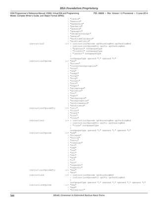 | "laneid"
| "maxcuid"
| "maxwaveid"
| "packetid"
| "queueid"
| "queueptr"
| "setdetectexcept"
| "waveid"
| "workitemflatabsid"
| "workitemflatid"
instruction2 ::= ( instruction2Opcode optRoundingMod optPackingMod
| instruction2OpcodeFtz optFtz optPackingMod
| "popcount" nonOpaqueType
| "firstbit" nonOpaqueType
| "lastbit" nonOpaqueType
)
nonOpaqueType operand "," operand ";"
instruction2Opcode ::= "abs"
| "bitrev"
| "currentworkgroupsize"
| "ncos"
| "neg"
| "nexp2"
| "nlog2"
| "nrcp"
| "nrsqrt"
| "nsin"
| "nsqrt"
| "gridgroups"
| "gridsize"
| "not"
| "sqrt"
| "workgroupid"
| "workgroupsize"
| "workitemabsid"
| "workitemid"
instruction2OpcodeFtz ::= "ceil"
| "floor"
| "fract"
| "rint"
| "trunc"
instruction3 ::= ( instruction3Opcode optRoundingMod optPackingMod
| instruction3OpcodeFtz optFtz optPackingMod
| "class" nonOpaqueType
)
nonOpaqueType operand "," operand "," operand ";"
instruction3Opcode ::= "add"
| "bitmask"
| "borrow"
| "carry"
| "copysign"
| "div"
| "rem"
| "sub"
| "shl"
| "shr"
| "and"
| "or"
| "xor"
| "unpackhi"
| "unpacklo"
instruction3OpcodeFtz ::= "max"
| "min"
instruction4 ::= ( instruction4Opcode optRoundingMod
| instruction4OpcodeFtz optFtz optPackingMod
)
nonOpaqueType operand "," operand "," operand "," operand ";"
instruction4Opcode ::= "fma"
| "mad"
| "bitextract"
HSA Foundation Proprietary  
HSA Programmer’s Reference Manual: HSAIL Virtual ISA and Programming
Model, Compiler Writer’s Guide, and Object Format (BRIG)
PID: 49828 ∙ Rev: Version 1.0 Provisional ∙ 5 June 2014
386 HSAIL Grammar in Extended Backus-Naur Form  
 