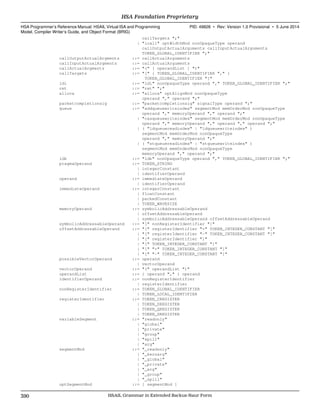 callTargets ";"
| "icall" optWidthMod nonOpaqueType operand
callOutputActualArguments callInputActualArguments
TOKEN_GLOBAL_IDENTIFIER ";"
callOutputActualArgments ::= callActualArguments
callInputActualArgments ::= callActualArguments
callActualArgments ::= "(" [ operandList ] ")"
callTargets ::= "[" { TOKEN_GLOBAL_IDENTIFIER "," }
TOKEN_GLOBAL_IDENTIFIER "]"
ldi ::= "ldi" nonOpaqueType operand "," TOKEN_GLOBAL_IDENTIFIER ";"
ret ::= "ret" ";"
alloca ::= "alloca" optAlignMod nonOpaqueType
operand "," operand ";"
packetcompletionsig ::= "packetcompletionsig" signalType operand ";"
queue ::= "addqueuewriteindex" segmentMod memOrderMod nonOpaqueType
operand "," memoryOperand "," operand ";"
| "casqueuewriteindex" segmentMod memOrderMod nonOpaqueType
operand "," memoryOperand "," operand "," operand ";"
| ( "ldqueuereadindex" | "ldqueuewriteindex" )
segmentMod memOrderMod nonOpaqueType
operand "," memoryOperand ";"
| ( "stqueuereadindex" | "stqueuewriteindex" )
segmentMod memOrderMod nonOpaqueType
memoryOperand "," operand ";"
ldk ::= "ldk" nonOpaqueType operand "," TOKEN_GLOBAL_IDENTIFIER ";"
pragmaOperand ::= TOKEN_STRING
| integerConstant
| identifierOperand
operand ::= immediateOperand
| identifierOperand
immediateOperand ::= integerConstant
| floatConstant
| packedConstant
| TOKEN_WAVESIZE
memoryOperand ::= symbolicAddressableOperand
| offsetAddressableOperand
| symbolicAddressableOperand offsetAddressableOperand
symbolicAddressableOperand ::= "[" nonRegisterIdentifier "]"
offsetAddressableOperand ::= "[" registerIdentifier "+" TOKEN_INTEGER_CONSTANT "]"
| "[" registerIdentifier "-" TOKEN_INTEGER_CONSTANT "]"
| "[" registerIdentifier "]"
| "[" TOKEN_INTEGER_CONSTANT "]"
| "[" "+" TOKEN_INTEGER_CONSTANT "]"
| "[" "-" TOKEN_INTEGER_CONSTANT "]"
possibleVectorOperand ::= operand
| vectorOperand
vectorOperand ::= "(" operandList ")"
operandList ::= { operand "," } operand
identifierOperand ::= nonRegisterIdentifier
| registerIdentifier
nonRegisterIdentifier ::= TOKEN_GLOBAL_IDENTIFIER
| TOKEN_LOCAL_IDENTIFIER
registerIdentifier ::= TOKEN_CREGISTER
| TOKEN_DREGISTER
| TOKEN_QREGISTER
| TOKEN_SREGISTER
variableSegment ::= "readonly"
| "global"
| "private"
| "group"
| "spill"
| "arg"
segmentMod ::= "_readonly"
| "_kernarg"
| "_global"
| "_private"
| "_arg"
| "_group"
| "_spill"
optSegmentMod ::= [ segmentMod ]
HSA Foundation Proprietary  
HSA Programmer’s Reference Manual: HSAIL Virtual ISA and Programming
Model, Compiler Writer’s Guide, and Object Format (BRIG)
PID: 49828 ∙ Rev: Version 1.0 Provisional ∙ 5 June 2014
390 HSAIL Grammar in Extended Backus-Naur Form  
 