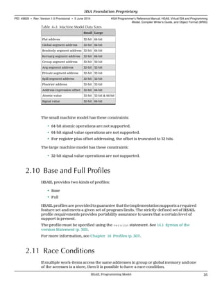 Table 4–3 Machine Model Data Sizes
Small Large
Flat address 32-bit 64-bit
Global segment address 32-bit 64-bit
Readonly segment address 32-bit 64-bit
Kernarg segment address 32-bit 64-bit
Group segment address 32-bit 32-bit
Arg segment address 32-bit 32-bit
Private segment address 32-bit 32-bit
Spill segment address 32-bit 32-bit
Fbarrier address 32-bit 32-bit
Address expression offset 32-bit 64-bit
Atomic value 32-bit 32-bit & 64-bit
Signal value 32-bit 64-bit
The small machine model has these constraints:
• 64-bit atomic operations are not supported.
• 64-bit signal value operations are not supported.
• For register plus offset addressing, the offset is truncated to 32 bits.
The large machine model has these constraints:
• 32-bit signal value operations are not supported.
2.10 Base and Full Profiles
HSAIL provides two kinds of profiles:
• Base
• Full
HSAIL profiles are provided to guarantee that the implementation supports a required
feature set and meets a given set of program limits. The strictly defined set of HSAIL
profile requirements provides portability assurance to users that a certain level of
support is present.
The profile must be specified using the version statement. See 14.1 Syntax of the
version Statement (p. 303).
For more information, see Chapter 16 Profiles (p. 307).
2.11 Race Conditions
If multiple work-items access the same addresses in group or global memory and one
of the accesses is a store, then it is possible to have a race condition.
  HSA Foundation Proprietary
PID: 49828 ∙ Rev: Version 1.0 Provisional ∙ 5 June 2014 HSA Programmer’s Reference Manual: HSAIL Virtual ISA and Programming
Model, Compiler Writer’s Guide, and Object Format (BRIG)
  HSAIL Programming Model 25
 