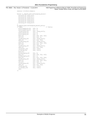 version 1:0:$full:$small;
kernel &__OpenCL_matrixTranspose_kernel(
kernarg_u32 %arg_val0,
kernarg_u32 %arg_val1,
kernarg_u32 %arg_val2,
kernarg_u32 %arg_val3,
kernarg_u32 %arg_val4,
kernarg_u32 %arg_val5)
{
@__OpenCL_matrixTranspose_kernel_entry:
// BB#0: // %entry
workitemabsid_u32 $s0, 0;
workitemabsid_u32 $s1, 1;
ld_kernarg_u32 $s2, [%arg_val5];
workitemid_u32 $s3, 0;
workitemid_u32 $s4, 1;
mad_u32 $s5, $s4, $s2, $s3;
shl_u32 $s5, $s5, 2;
ld_kernarg_u32 $s6, [%arg_val2];
add_u32 $s5, $s6, $s5;
ld_kernarg_u32 $s6, [%arg_val3];
mad_u32 $s0, $s1, $s6, $s0;
shl_u32 $s0, $s0, 2;
ld_kernarg_u32 $s1, [%arg_val1];
add_u32 $s0, $s1, $s0;
ld_global_f32 $s0, [$s0];
st_group_f32 $s0, [$s5];
barrier;
workgroupid_u32 $s0, 0;
mad_u32 $s0, $s0, $s2, $s3;
workgroupid_u32 $s1, 1;
mad_u32 $s1, $s1, $s2, $s4;
ld_kernarg_u32 $s2, [%arg_val4];
mad_u32 $s0, $s0, $s2, $s1;
shl_u32 $s0, $s0, 2;
ld_kernarg_u32 $s1, [%arg_val0];
add_u32 $s0, $s1, $s0;
ld_group_f32 $s1, [$s5];
st_global_f32 $s1, [$s0];
ret;
};
  HSA Foundation Proprietary
PID: 49828 ∙ Rev: Version 1.0 Provisional ∙ 5 June 2014 HSA Programmer’s Reference Manual: HSAIL Virtual ISA and Programming
Model, Compiler Writer’s Guide, and Object Format (BRIG)
  Examples of HSAIL Programs 33
 