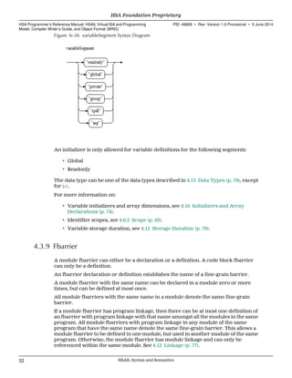 Figure 6–36 variableSegment Syntax Diagram
An initializer is only allowed for variable definitions for the following segments:
• Global
• Readonly
The data type can be one of the data types described in 4.13 Data Types (p. 79), except
for b1.
For more information on:
• Variable initializers and array dimensions, see 4.10 Initializers and Array
Declarations (p. 74).
• Identifier scopes, see 4.6.2 Scope (p. 63).
• Variable storage duration, see 4.11 Storage Duration (p. 76).
4.3.9 Fbarrier
A module fbarrier can either be a declaration or a definition. A code block fbarrier
can only be a definition.
An fbarrier declaration or definition establishes the name of a fine-grain barrier.
A module fbarrier with the same name can be declared in a module zero or more
times, but can be defined at most once.
All module fbarriers with the same name in a module denote the same fine-grain
barrier.
If a module fbarrier has program linkage, then there can be at most one definition of
an fbarrier with program linkage with that name amongst all the modules in the same
program. All module fbarriers with program linkage in any module of the same
program that have the same name denote the same fine-grain barrier. This allows a
module fbarrier to be defined in one module, but used in another module of the same
program. Otherwise, the module fbarrier has module linkage and can only be
referenced within the same module. See 4.12 Linkage (p. 77).
HSA Foundation Proprietary  
HSA Programmer’s Reference Manual: HSAIL Virtual ISA and Programming
Model, Compiler Writer’s Guide, and Object Format (BRIG)
PID: 49828 ∙ Rev: Version 1.0 Provisional ∙ 5 June 2014
52 HSAIL Syntax and Semantics  
 