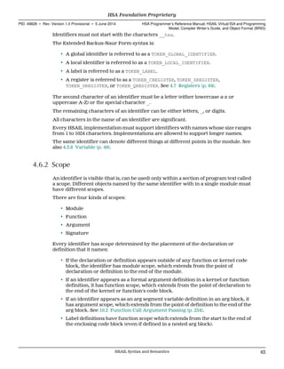 Identifiers must not start with the characters __hsa.
The Extended Backus-Naur Form syntax is:
• A global identifier is referred to as a TOKEN_GLOBAL_IDENTIFIER.
• A local identifier is referred to as a TOKEN_LOCAL_IDENTIFIER.
• A label is referred to as a TOKEN_LABEL.
• A register is referred to as a TOKEN_CREGISTER, TOKEN_SREGISTER,
TOKEN_DREGISTER, or TOKEN_QREGISTER. See 4.7 Registers (p. 64).
The second character of an identifier must be a letter (either lowercase a-z or
uppercase A-Z) or the special character _.
The remaining characters of an identifier can be either letters, _, or digits.
All characters in the name of an identifier are significant.
Every HSAIL implementation must support identifiers with names whose size ranges
from 1 to 1024 characters. Implementations are allowed to support longer names.
The same identifier can denote different things at different points in the module. See
also 4.3.8 Variable (p. 49).
4.6.2 Scope
An identifier is visible (that is, can be used) only within a section of program text called
a scope. Different objects named by the same identifier with in a single module must
have different scopes.
There are four kinds of scopes:
• Module
• Function
• Argument
• Signature
Every identifier has scope determined by the placement of the declaration or
definition that it names:
• If the declaration or definition appears outside of any function or kernel code
block, the identifier has module scope, which extends from the point of
declaration or definition to the end of the module.
• If an identifier appears as a formal argument definition in a kernel or function
definition, it has function scope, which extends from the point of declaration to
the end of the kernel or function's code block.
• If an identifier appears as an arg segment variable definition in an arg block, it
has argument scope, which extends from the point of definition to the end of the
arg block. See 10.2 Function Call Argument Passing (p. 254).
• Label definitions have function scope which extends from the start to the end of
the enclosing code block (even if defined in a nested arg block).
  HSA Foundation Proprietary
PID: 49828 ∙ Rev: Version 1.0 Provisional ∙ 5 June 2014 HSA Programmer’s Reference Manual: HSAIL Virtual ISA and Programming
Model, Compiler Writer’s Guide, and Object Format (BRIG)
  HSAIL Syntax and Semantics 63
 