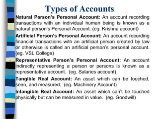 Types of Accounts
• Natural Person’s Personal Account: An account recording
transactions with an individual human being is known as a
natural person’s Personal Account. (eg. Krishna account)
• Artificial Person’s Personal Account: An account recording
financial transactions with an artificial person created by law
or otherwise is called an artificial person’s personal account.
(eg. VSL College)
• Representative Person’s Personal Account: An account
indirectly representing a person or persons is known as a
representative account. (eg. Salaries account)
• Tangible Real Account: An asset which can be touched,
seen, and measured. (eg. Machinery Account)
• Intangible Real Account: An asset which can’t be touched
physically but can be measured in value. (eg. Goodwill)
 