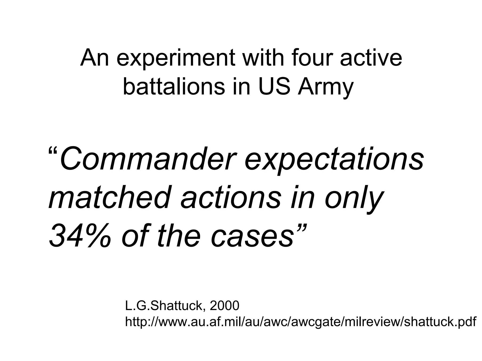 An experiment with four active battalions in US Army  “ Commander expectations matched actions in only 34% of the cases” L.G.Shattuck, 2000 http://www.au.af.mil/au/awc/awcgate/milreview/shattuck.pdf 