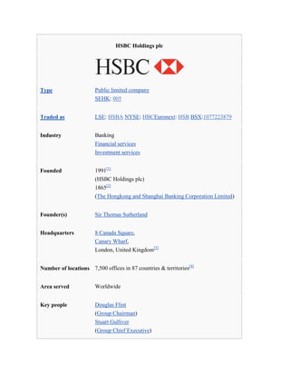 HSBC Holdings plc




Type                   Public limited company
                       SEHK: 005


Traded as              LSE: HSBA NYSE: HBCEuronext: HSB BSX:1077223879


Industry               Banking
                       Financial services
                       Investment services


Founded                1991[1]
                       (HSBC Holdings plc)
                       1865[2]
                       (The Hongkong and Shanghai Banking Corporation Limited)


Founder(s)             Sir Thomas Sutherland


Headquarters           8 Canada Square,
                       Canary Wharf,
                       London, United Kingdom[3]


Number of locations 7,500 offices in 87 countries & territories[4]


Area served            Worldwide


Key people             Douglas Flint
                       (Group Chairman)
                       Stuart Gulliver
                       (Group Chief Executive)
 