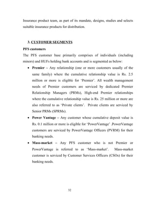 Insurance product team, as part of its mandate, designs, studies and selects
suitable insurance products for distribution.
3. CUSTOMER SEGMENTS
PFS customers
The PFS customer base primarily comprises of individuals (including
minors) and HUFs holding bank accounts and is segmented as below:
• Premier – Any relationship (one or more customers usually of the
same family) where the cumulative relationship value is Rs. 2.5
million or more is eligible for ‘Premier’. All wealth management
needs of Premier customers are serviced by dedicated Premier
Relationship Managers (PRMs), High-end Premier relationships
where the cumulative relationship value is Rs. 25 million or more are
also referred to as ‘Private clients’. Private clients are serviced by
Senior PRMs (SPRMs).
• Power Vantage – Any customer whose cumulative deposit value is
Rs. 0.1 million or more is eligible for ‘PowerVantage’ .PowerVantage
customers are serviced by PowerVantage Officers (PVRM) for their
banking needs.
• Mass-market – Any PFS customer who is not Premier or
PowerVantage is referred to as ‘Mass-market’. Mass-market
customer is serviced by Customer Services Officers (CSOs) for their
banking needs.
32
 
