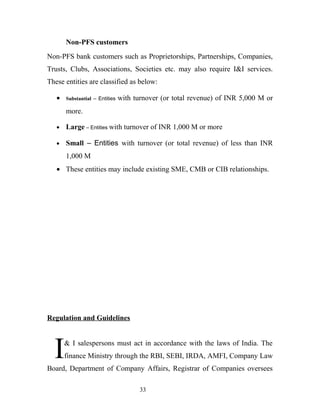 Non-PFS customers
Non-PFS bank customers such as Proprietorships, Partnerships, Companies,
Trusts, Clubs, Associations, Societies etc. may also require I&I services.
These entities are classified as below:
• Substantial – Entities with turnover (or total revenue) of INR 5,000 M or
more.
• Large – Entities with turnover of INR 1,000 M or more
• Small – Entities with turnover (or total revenue) of less than INR
1,000 M
• These entities may include existing SME, CMB or CIB relationships.
Regulation and Guidelines
& I salespersons must act in accordance with the laws of India. The
finance Ministry through the RBI, SEBI, IRDA, AMFI, Company Law
Board, Department of Company Affairs, Registrar of Companies oversees
I
33
 