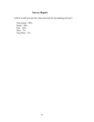 Survey Report
1) How would you rate the value received for our banking services?
Very Good – 50%
Good – 30%
Fair – 10%
Poor – 7%
Very Poor – 3%
43
 