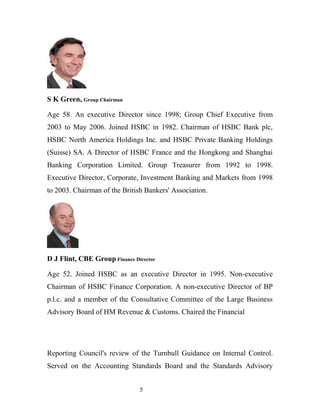 S K Green, Group Chairman
Age 58. An executive Director since 1998; Group Chief Executive from
2003 to May 2006. Joined HSBC in 1982. Chairman of HSBC Bank plc,
HSBC North America Holdings Inc. and HSBC Private Banking Holdings
(Suisse) SA. A Director of HSBC France and the Hongkong and Shanghai
Banking Corporation Limited. Group Treasurer from 1992 to 1998.
Executive Director, Corporate, Investment Banking and Markets from 1998
to 2003. Chairman of the British Bankers' Association.
D J Flint, CBE Group Finance Director
Age 52. Joined HSBC as an executive Director in 1995. Non-executive
Chairman of HSBC Finance Corporation. A non-executive Director of BP
p.l.c. and a member of the Consultative Committee of the Large Business
Advisory Board of HM Revenue & Customs. Chaired the Financial
Reporting Council's review of the Turnbull Guidance on Internal Control.
Served on the Accounting Standards Board and the Standards Advisory
5
 