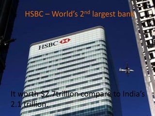 HSBC – World’s 2nd largest bank
It worth $2.7trillion compare to India’s
2.1 trillion.
 