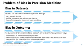 HSBC - DNA Summit - Ethics in Use of Data and AI - Speech - Kalilur Rahman v2.pptx
31
Bias in Datasets
Datasets can become unintentionally biased through
• a lack of cohort diversity
• technical processes of data collection and cleaning
• the specific incorporation of electronic health record data.
Bias in Outcomes
The outcomes of precision medicine research can be discriminatory in many ways
• too much focus on individual responsibility for health
• the marginalization of those population groups with lower health literacy or in less resourced areas
• the potential to shift the accepted forms of biomedical research.
Problem of Bias in Precision Medicine
Source : Data&Society – Fairness in Precision Medicine
 