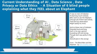HSBC - DNA Summit - Ethics in Use of Data and AI - Speech - Kalilur Rahman v2.pptx
8
Current Understanding of AI , Data Science , Data
Privacy or Data Ethics - A Situation of
IT was six men of Indostan
To learning much inclined,
Who went to see the Elephant
(Though all of them were blind),
That each by observation
Might satisfy his mind.
And so these men of Indostan
Disputed loud and long,
Each in his own opinion
Exceeding stiff and strong,
Though each was partly in the
right,
And all were in the wrong!
From - The Blind Men and the
Elephant by John Godfrey Saxe
 
