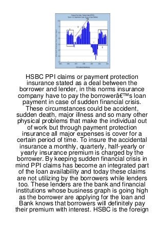 HSBC PPI claims or payment protection
      insurance stated as a deal between the
  borrower and lender, in this norms insurance
  company have to pay the borrowerâ€™s loan
     payment in case of sudden financial crisis.
      These circumstances could be accident,
 sudden death, major illness and so many other
 physical problems that make the individual out
      of work but through payment protection
    insurance all major expenses is cover for a
 certain period of time. To insure the accidental
   insurance a monthly, quarterly, half-yearly or
    yearly insurance premium is charged by the
 borrower. By keeping sudden financial crisis in
mind PPI claims has become an integrated part
  of the loan availability and today these claims
 are not utilizing by the borrowers while lenders
  too. These lenders are the bank and financial
institutions whose business graph is going high
  as the borrower are applying for the loan and
  Bank knows that borrowers will definitely pay
their premium with interest. HSBC is the foreign
 