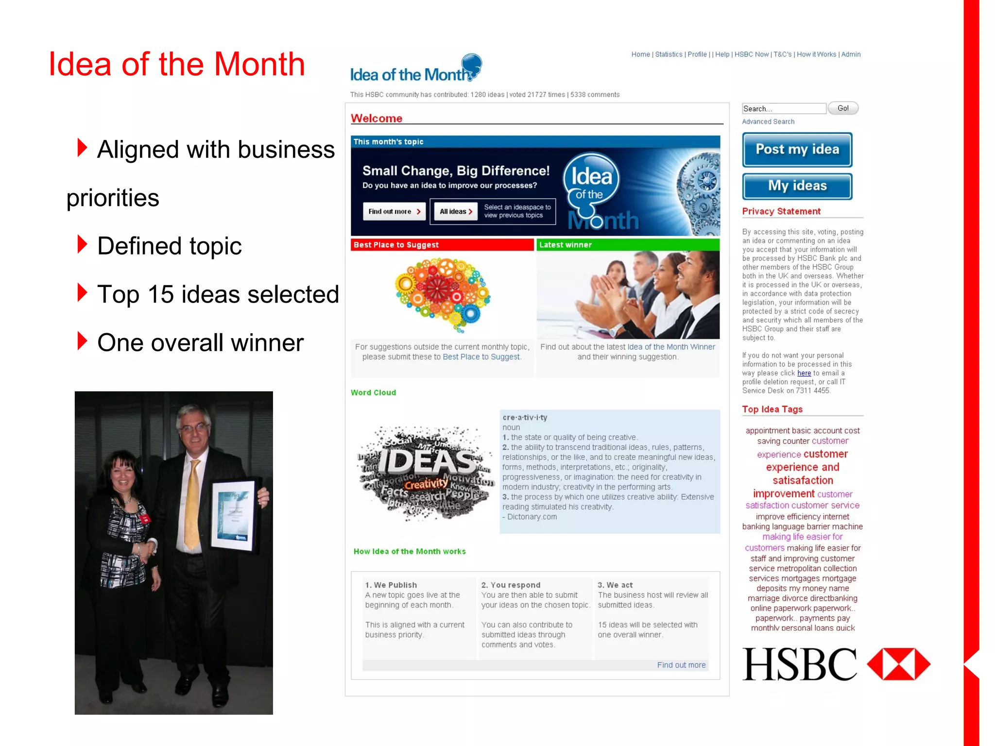 Idea of the Month

 Aligned with business
 priorities
 Defined topic
 Top 15 ideas selected
 One overall winner
 